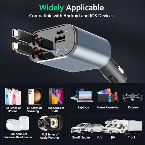 Paiholy 66 W 4-in-1 Retractable Car Charger – Dual USB Fast Charging Station with Dual i Phone Cables for i Phone 14/13/12/11 Pro Max/XS MAX and i Pad – Real-Time Voltage Display, Compact Design for Effortless Travel Convenience