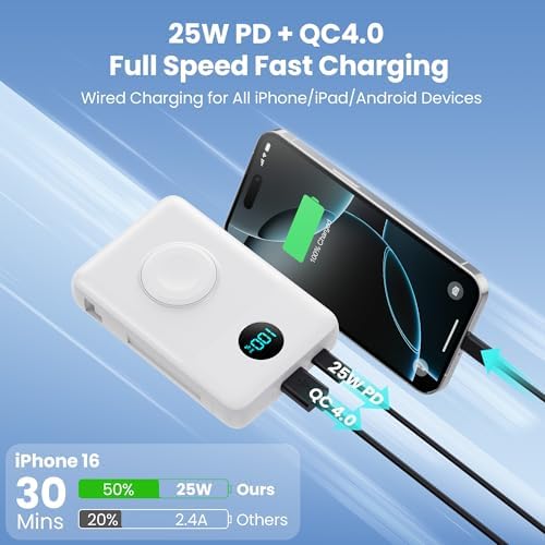 Ultimate 6-in-1 Magnetic Portable Charger, 10800 m Ah Power Bank for i Phone – Features Integrated Cables, Wireless Charging for Apple Watch, Smart LCD Display, and 25 W PD Fast Charging – Perfect Travel Accessory for All Devices with Enhanced Safety Features and Compatibility for i Phone 12 to 16 Series