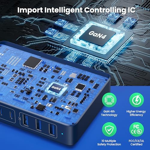 Revolutionary 300 W Ga N IV Technology USB-C Charging Hub – 8-Port Multi-Device Charger for Mac Book Pro/Air, DELL Laptops, i Phone 16/15/14 & Galaxy S25 – Sleek Navy Finish for Enhanced Home & Office Efficiency – Your Premier Solution for Rapid Device Power and Seamless Connectivity