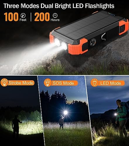 GOODaaa 42800 m Ah Portable Solar Power Bank with Built-in Cables and 15 W Fast Charging – Multi-Device Outdoor Charger with 5 Outputs, 3 Inputs, Emergency Flashlight and Durable Carabiner for Ultimate Convenience and Reliability
