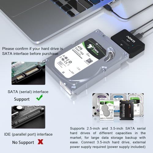 AOKO USB to SATA NVMe Adapter – Ultra-Fast 10 Gbps External SSD Enclosure for 2.5″/3.5″ HDD/SSD Compatibility with 12 V/3 A Power Adapter – Ideal for Seamless Data Transfers and Storage Upgrades