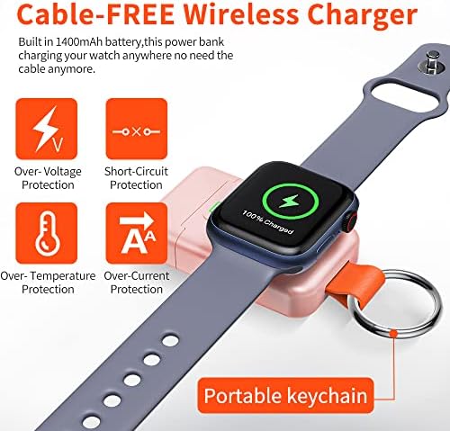 Compact Magnetic Wireless Power Bank for Apple Watch – HUOTO 1400 m Ah Travel Charger with Keychain Attachment for Series 9/8/7/6/SE/5/4/3/2/1/UItra/UItra 2 – Fast, Reliable Charging On-the-Go