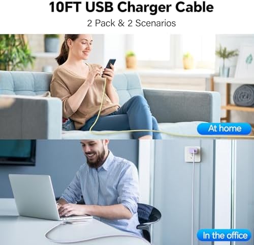 20 W Dual USB-C Fast Charger Block for i Phone 15/16 Series – Includes Two 10 FT USB-C Charging Cables, Perfect for Pro Max, Plus, Pro, i Pad Pro/Air – Compact, High-Speed Charging Solution (2 Pack, Black)