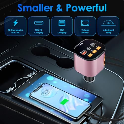 Ultimate 5-in-1 Fast Car Charger with Bluetooth 5.3 FM Transmitter – 90 W Retractable Charging Hub for i Phone 15/14/13 – Hands-Free Calling and Dual USB Ports for Seamless Connectivity and Quick Charging – Compact Black Design for Enhanced In-Car Experience