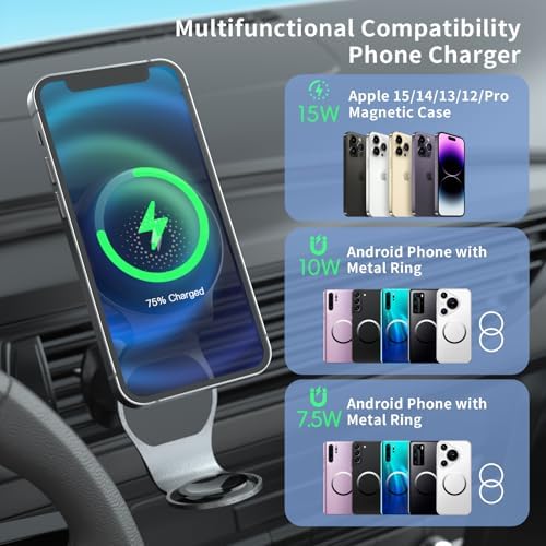 Revolutionary 2-in-1 Wireless Car Charger with Mag Safe Mount – Fast 15 W Magnetic Charging for i Phone 15/14/13/12 & Apple Watch | 7 LED Color Indicators for Real-Time Status | Ultimate Compatibility with Mag Safe Cases and Accessories for Hassle-Free On-the-Go Power Solutions