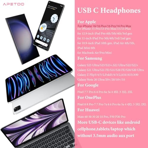 High-Fidelity USB C Earbuds with Microphone and Volume Control – Magnetic Wired Headphones for i Phone 16, Samsung Galaxy, Google Pixel, & More – Perfect for On-the-Go Audio Experience in Pink – Enhanced Compatibility & Durability