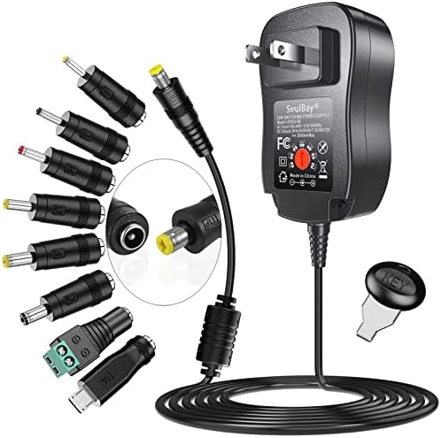 Universal 24 W AC/DC Power Adapter with 8 Interchangeable Plugs – Multi-Voltage Charger for Versatile Device Compatibility, Ideal for LED Strips, Cameras, Keyboards, and More – Reliable 2 A Output with Built-in Safety Features for Enhanced Performance and Portability