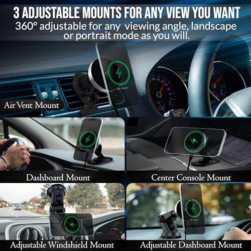 Elevate Your Commute with the Magsafe Car Mount Charger – Fast Wireless Charging and 360° Rotation for Ultimate Convenience | Magnetic Phone Holder for i Phone 16/15/14/13/12 | Three Durable Mounts for Unmatched Stability and Seamless Integration | Compatible with Mag Safe Cases for Reliable Power on the Go