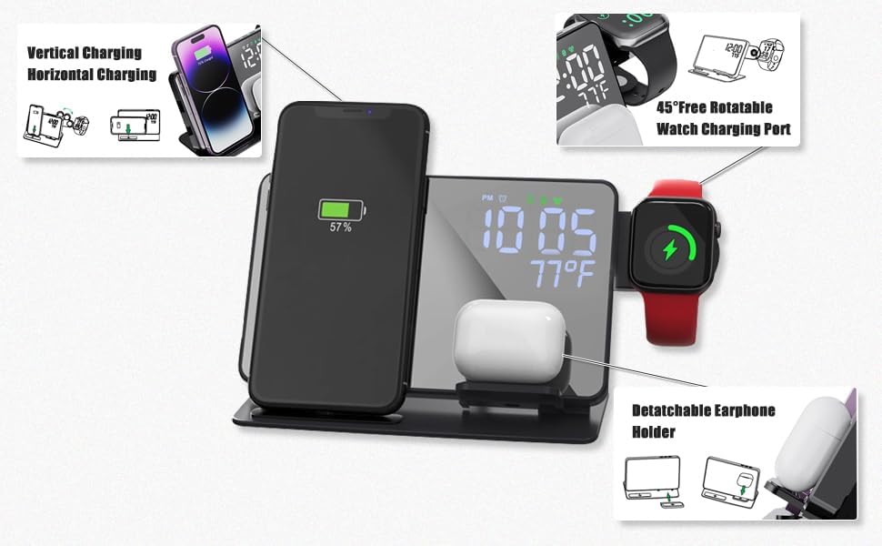 Ultimate 4-in-1 Wireless Charging Station for Apple Devices – 18 W Fast Charge with Integrated Alarm Clock and Temperature Display – Sleek and Efficient Charging Dock for i Phone 12 to 16, Apple Watch, and Air Pods – Stylish, Space-Saving Design for Modern Living