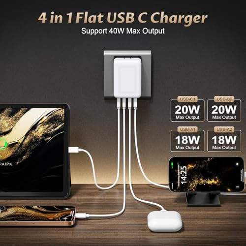 Ultra-Fast Charging 2-Pack: Foldable 40 W USB-C Wall Adapter with 4 Ports – Sleek Christmas Red Multi-Port Charger for i Phone 16, Samsung, Pixel & Tablets – Compact Power Solution for Home and Travel