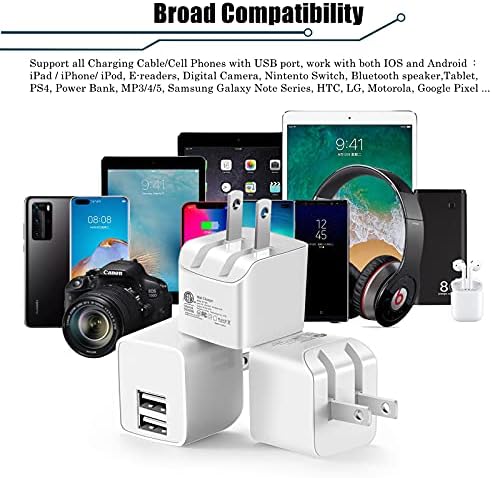 Compact Dual-Port 12 W USB Wall Charger – Foldable Plug Power Adapter, 2.4 A Fast Charging Block for i Phone 14/13/12/11 Pro Max, i Pad, Samsung, Moto – 3-Pack ETL Listed for Enhanced Safety and Portability