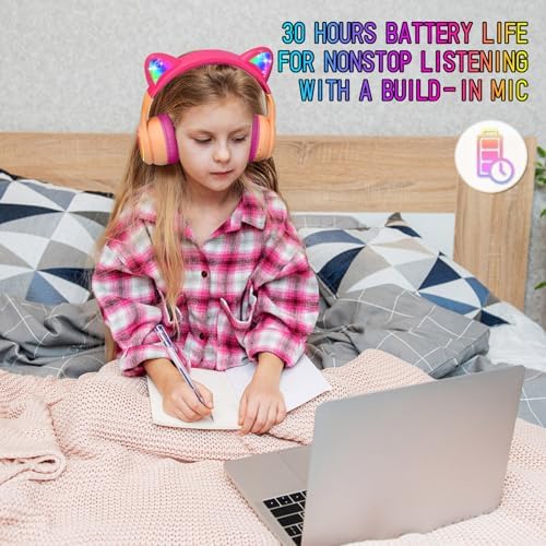 IFECCO Wireless Kids Bluetooth Cat Ear Headphones – Fun Light-Up Design with Volume Limiting Feature, Built-in Microphone, and Foldable Portability for Travel and Learning – Ultimate Gift for Young Music Enthusiasts
