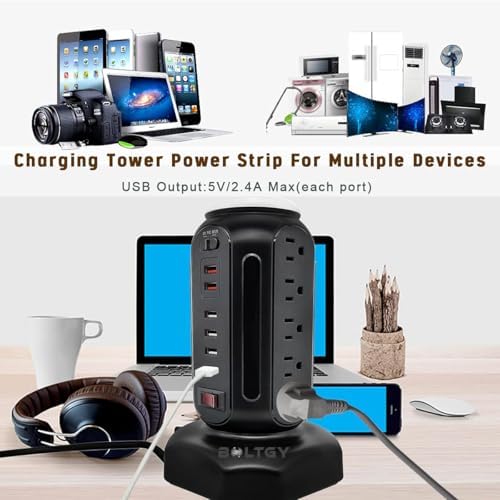Ultimate Flat Plug Fast Charging Tower – 15 AC Outlets & 6 USB Ports (2 Fast Charge) – Compact Surge Protector Power Strip with 6.5 FT Extension Cord for Home, Office, and Dorm Room – Maximize Charging Efficiency and Enhance Safety