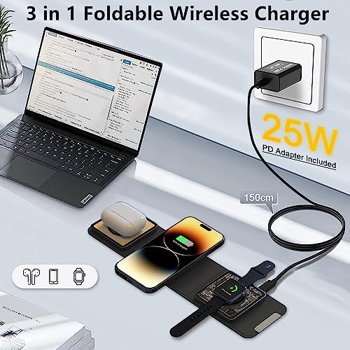 Revolutionize Your Charging Experience with the Mag-Safe 3 in 1 Wireless Charging Hub – Portable Foldable Design, 15 W Fast Charging for i Phone 15/14/13/12, Apple Watch & Air Pods, Includes 25 W Adapter for Unmatched Performance and Enhanced Compatibility