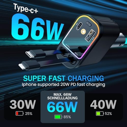 Starlight Enhanced 66 W USB-C Fast Car Charger – 4-in-1 Retractable Adapter with Dual USB Ports for i Phone 16/15/14/13/12/11 & Android Devices – Ultimate Convenience for On-the-Go Charging in Sleek Black Finish