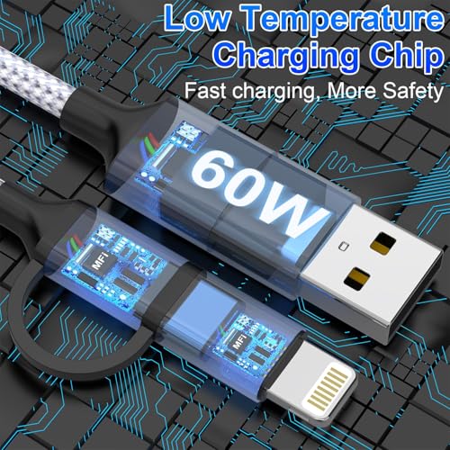 Ultimate 20 FT 4-in-1 i Phone Charger Cable – MFi Certified Lightning Fast Charging for i Phone 16/15/14/13/12 & Android Devices, 60 W USB C Power Delivery, Durable Tangle-Free Design for Enhanced Compatibility & Convenience