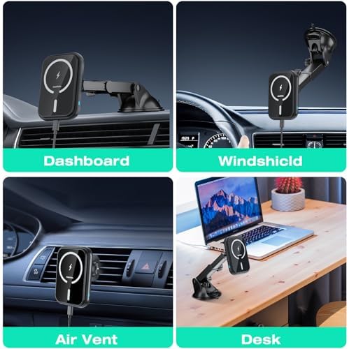 Mag Safe Car Mount Charger – 15 W Fast Wireless Charging Phone Holder for i Phone 16/15/14/13/12 Pro Max Plus – Secure Magnetic Fit for Dashboard, Windshield, Air Vent & Desk – Ultimate Convenience for Bumpy Roads – Enhanced Compatibility & Speed for Modern Drivers