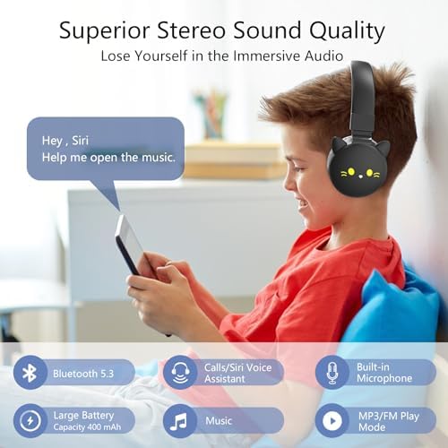 Safe and Fun Black Cat Wireless Over-Ear Headphones for Kids Aged 3-12 – 85 d B Volume Limiter, 30-Hour Playtime, Bluetooth 5.0, FM Radio & TF Card Support – Exceptional Audio Experience for Young Listeners with Ultimate Safety Features