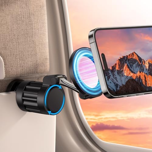 OMOTON 360°Rotating Magnetic Airplane Phone Holder Mount, for Magsafe Airplane Travel Essentials Accessories, Adjustable Foldable Universal Handsfree Phone Stand for iPhone 16 15 14 Pro Max – Enhanced Compatibility and Speed
