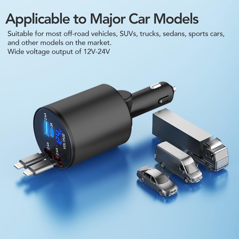 Ultimate 4-in-1 Retractable Car Charger – 60 W Super Fast Charging for i Phone 11-16, Galaxy, Pixel & Air Pods 4 – Dual USB Ports & Tangle-Free Cables for Maximum Convenience on the Go – Compact Power Adapter for All Your Devices