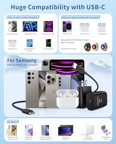 25 W Dual USB C Fast Charger Set with 6 Ft Cable – Ultimate Type C Power Solution for Samsung Galaxy S24/S23/S22/S21, i Phone 15 Series & Pixel Devices – Enhanced Safety, Rapid Charging Efficiency, Perfect for Home, Office, and Travel