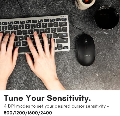 Ergonomic Macally Wired USB C Mouse – Precision Optical Sensor with Adjustable DPI (800/1200/1600/2400) for Seamless Mac & Windows Experience – Compact, Ambidextrous Design for Left and Right-Handed Users – Effortless Navigation with 3 Buttons & Scroll Wheel – Perfect Travel Companion for Enhanced Productivity