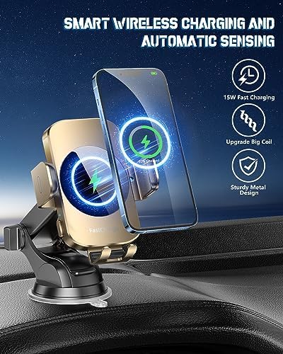 Smart Wireless Car Charger & Auto-Clamping Phone Holder – Fast Charging 3-in-1 Mount for i Phone 11-16 & Samsung Galaxy S23-S9+ – Enhanced Compatibility, Hands-Free Navigation, and Adjustable Viewing Angles for Optimal Convenience