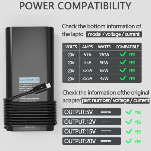 High-Efficiency 130 W USB-C Laptop Charger for Dell XPS, Precision, and Alienware Models – Fast Charging Power Supply with Versatile Compatibility and Enhanced Performance for Optimal User Experience