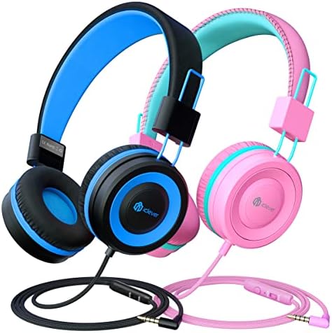 i Clever HS14 Kids Headphones – Stylish Black & Pink Volume-Limited On-Ear Headset with Built-In Microphone for Safe Listening and Enhanced Comfort, Foldable Travel Design for School and Home Use, Perfect for Tablets and Laptops