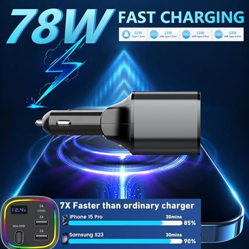 Ultimate AGEMANY 4-in-1 Retractable Car Charger: 78 W Fast Charging USB C Adapter for i Phone 16/15/14/13/12 & Android Devices, Stylish Cigarette Lighter Accessory with RGB Illumination – Perfect Gift for Tech-Savvy Drivers