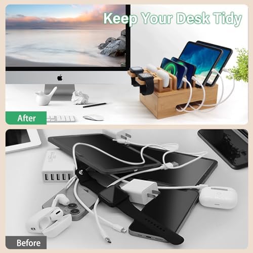 Eco-Friendly Bamboo Charging Station: 5-Port USB Docking Hub with 6 Cables for Multi-Device Organization – Stylish Wood Charger for Cell Phones, Tablets, Earphones, and Smartwatches – Streamlined Power Solution for Home and Office
