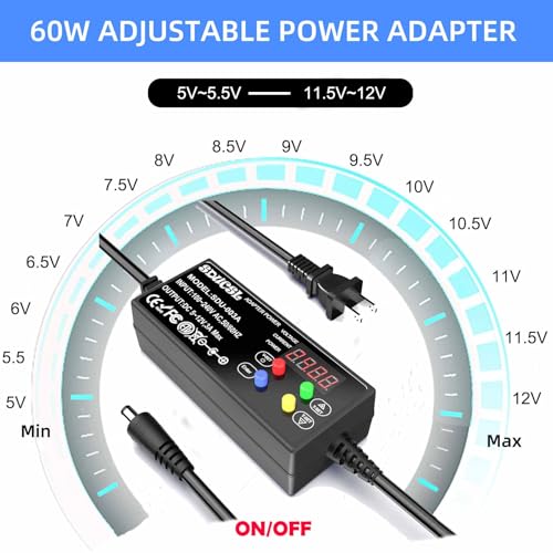 Versatile Compact DC Power Supply with 24-Hour Timer – Adjustable 5-12 V, 0.1 A-3 A Output, UL Listed for Enhanced Safety – 8 Interchangeable Tips for Home & Office Use, Ideal for Electronics & DIY Projects