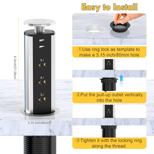 Elevate Your Charging Station with the Kungfuking Retractable Pop Up Outlet Socket – Versatile Power Hub Featuring 3 US Plugs & 2 USB Ports for Kitchen Counters, Conference Rooms, and Office Spaces, Sleek Black Design for Modern Aesthetics, Efficient Charging & Clutter-Free Organization