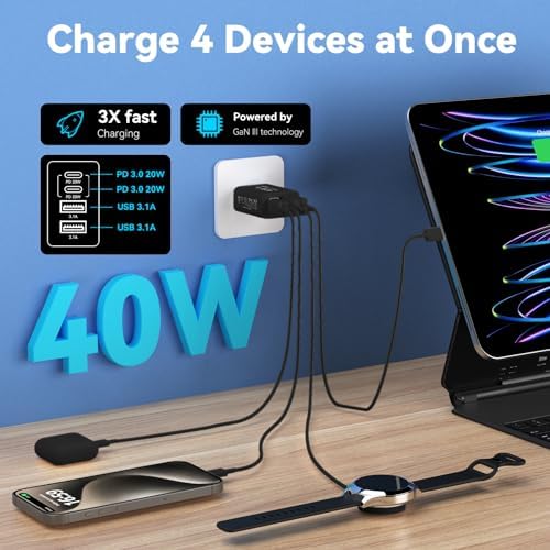 40 W USB C Charger Block – Dual Pack of 4-Port Fast Charging Power Bricks with PD & QC 3.0 Technology for i Phone 16/15/14/13/12/11 Pro Max, i Pad, Galaxy, Pixel – Sleek White & Blue Design for Convenient Multi-Device Charging