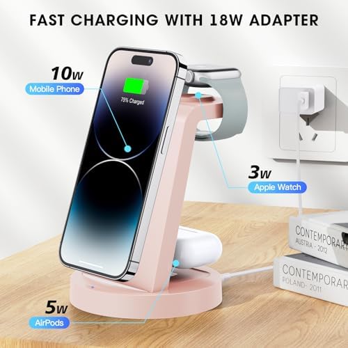 Sleek 3-in-1 Wireless Charging Station for i Phone & Apple Watch – Fast Charging Dock for Air Pods 11-16, Pro Max Models – Stylish Rose Finish & Space-Saving Design for Efficient Device Organization