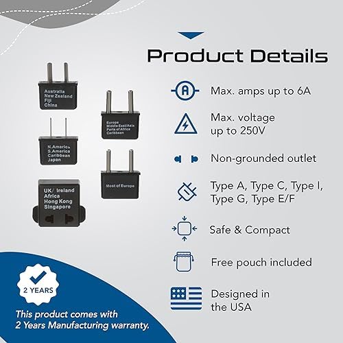 Ultimate 5-Piece Worldwide Travel Plug Adapter Set by Ceptics – Essential for Global Travelers with Enhanced Compatibility for Cell Phones, Laptops & Chargers – Ideal for Use in Over 50 Countries Including Europe, Asia & Africa – Compact Design with Travel Pouch for Easy Carrying – No Voltage Conversion Needed – Stay Powered Anywhere You Go!