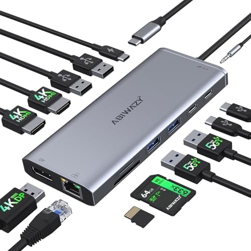 Transform Your Workspace with the Ultimate 14-in-1 USB-C Docking Station – Elevate Productivity with Dual Monitor Support, 2 HDMI & Display Port Outputs, 7 Versatile USB Ports, Stable Ethernet Connectivity, and Audio Output – Ideal for Dell, HP, Lenovo Think Pad & Surface Laptops – Sleek Silver Design for Professional Environments