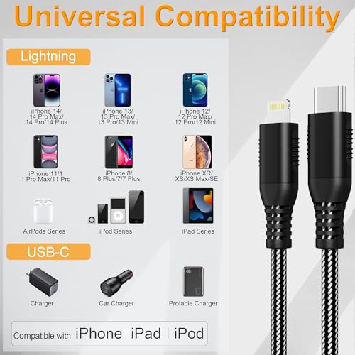 20 FT USB C to Lightning Fast Charging Cable – Apple MFi Certified Nylon Braided Charger for i Phone 16/15/14/13/12/11/XS/XR/X/8 & i Pad – Durable 20 W PD Power Delivery Cord for Enhanced Charging Flexibility and Speed
