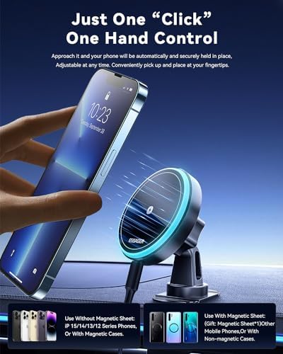 ESSAGER Mag Safe 15 W Fast Wireless Car Charger & Phone Holder – Effortless Magnetic Mount for i Phone 12 to 16 Pro Max, Air Vent & Dashboard Compatibility, Secure & Safe Charging for On-the-Go Convenience