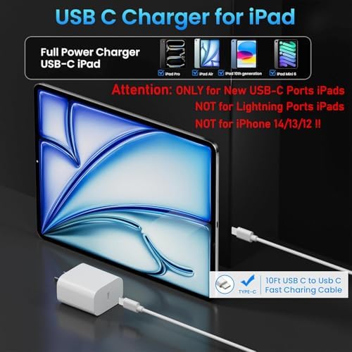 10 FT i Pad Fast Charging Cable Set – High-Power 20 W USB C Charger with Extended Reach for Ultimate Flexibility, Compatible with i Pad 10 th/11 th Gen, i Pad Pro (12.9/11 inch), i Pad Air (4 th/5 th), and i Pad Mini – Durable, Stylish Black Design for Seamless Charging Experience