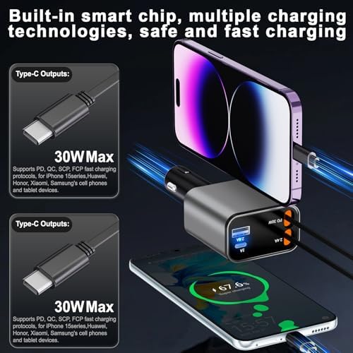 Ultra-Compact 4-in-1 Retractable Car Charger – Dual Type-C and USB Ports, Super Fast Charging for Samsung Galaxy Note Series and More – Multi-Device Convenience for Road Trips and Daily Commutes