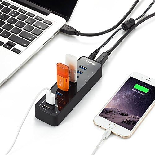 Anker 7-Port USB 3.0 Data Hub with 36 W Power Adapter – Ultimate Connectivity Solution for Rapid Charging and High-Speed Transfers for Laptops, Mac, i Phone, i Pad, and More – Perfect for Home and Office Workstations