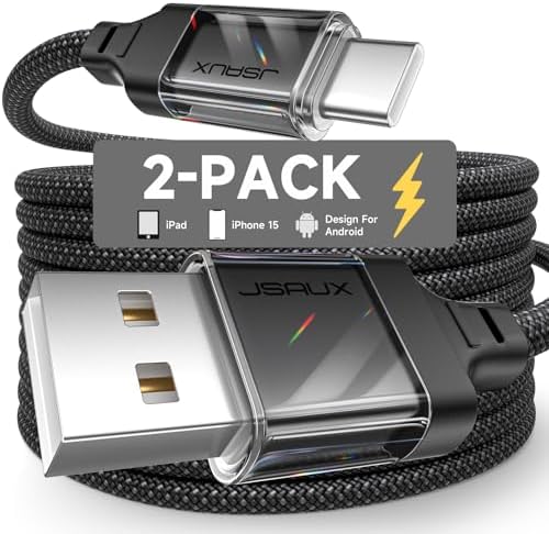 JSAUX 10 ft USB C Cable 2-Pack – High-Speed Charging & Data Transfer for i Phone 16 Series, Samsung Galaxy S20/S10/S9 & Note 20 – Durable Nylon Braided Design for Ultimate Reliability – Perfect for Home, Office & On-the-Go Use – Enhanced Compatibility with USB 3.1 Technology – Sleek Black Finish for Professional Aesthetics
