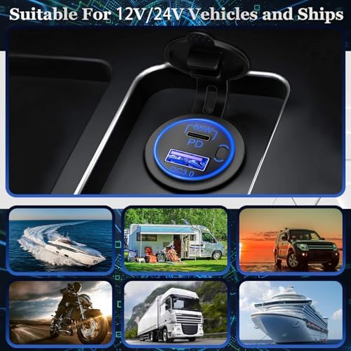 High-Power 83 W 12 V USB Charging Socket with 18 W QC 3.0 & 65 W PD USB-C for Cars, Boats, RVs, and Motorcycles – Energy-Saving ON/OFF Switch for Ultimate Device Compatibility and Fast Charging Solutions