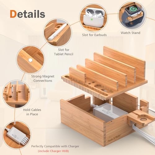 Sleek Bamboo Multi-Device Charging Station with 5 USB Ports, Integrated Smart Watch Stand & 5 Charging Cables – Ultimate Desktop Organizer for Cell Phones, Tablets & Smartwatches – Eco-Friendly Design for Fast Charging & Clutter-Free Spaces