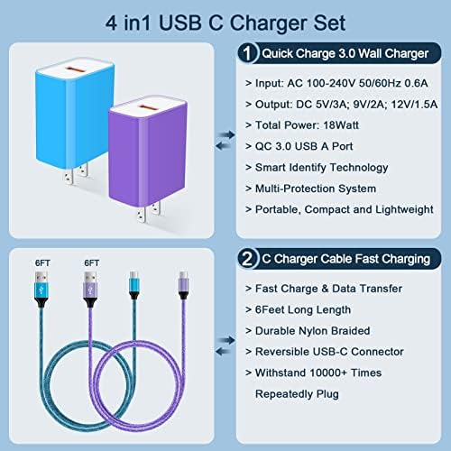 Rapid 18 W Quick Charge 3.0 Wall Charger for LG Devices – Ultra-Fast USB C Charging Solution with Two 6 FT Cables for Stylo, V, G Series, and Velvet – Compact, Safe, and Perfect for On-the-Go Power Needs