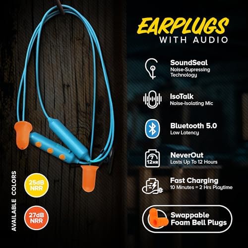 Plugfones Basic Pro Wireless Bluetooth Earplug Headphones – OSHA Compliant Noise Reduction Earbuds with 25 d B Protection, Noise Isolating Mic, and Stylish Blue & Yellow Design for Enhanced Comfort and Audio Performance