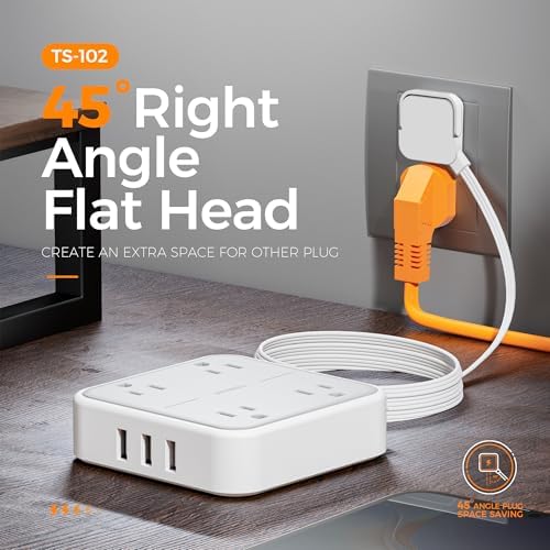 TESSAN Compact Flat Plug Surge Protector Power Strip with 4 AC Outlets and 3 Fast-Charging USB Ports – 5 ft Extension Cord for Office, Dorm, and Travel – 900 J Surge Protection for Enhanced Device Safety and Clutter-Free Organization