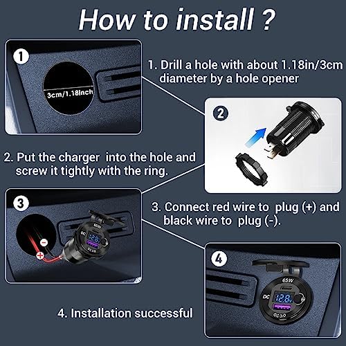 High-Powered 83 W 12 V USB C Car Charger with Smart Voltmeter – Ouffun 65 W PD3.0 & 18 W QC3.0 Fast Charging Adapter for RVs, Marine, and Golf Carts – Durable Aluminum Socket with Integrated Button Switch for Enhanced Device Compatibility and Safety Monitoring