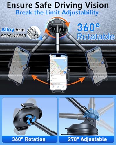 HTU Military-Grade Suction Car Phone Holder 2025 – Versatile Telescopic Arm Smartphone Mount for Dashboard & Windshield – Compatible with i Phone 16 Pro Max, 15, 14, 13, 12 & Samsung – Enhanced Stability for Trucks & Jeeps – Sleek Black Finish for Modern Interiors